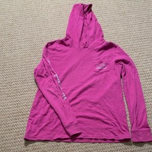 fuchsia hoodie with light blue logo.